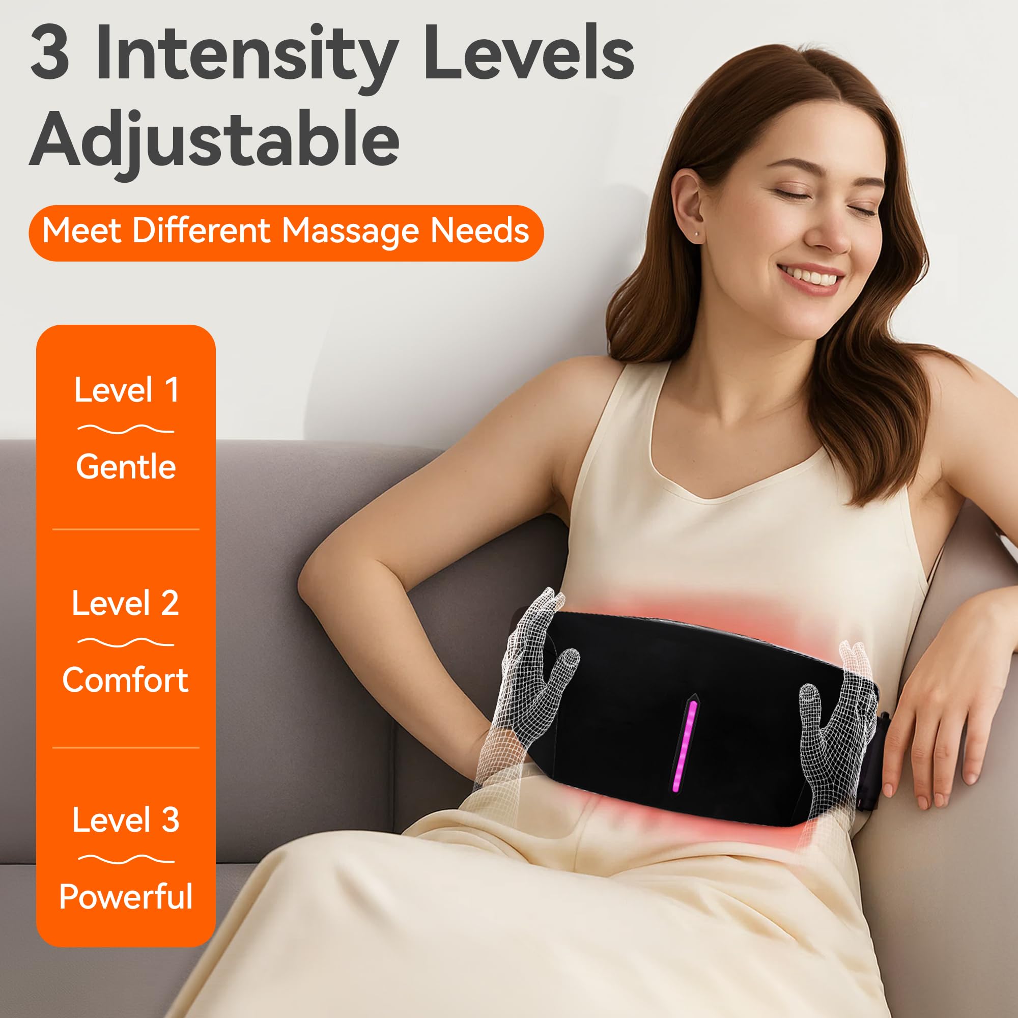 SORELAX abdominal massager with 3 intensity settings for personalized comfort.