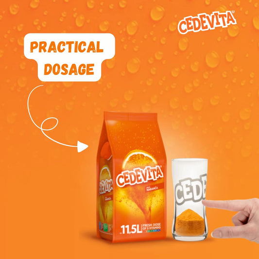 SORINA Cedevita orange packet dissolving in water to create a citrusy energizing drink.