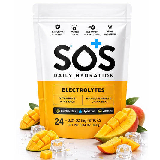 SOS Hydration electrolyte mango stick 24-pack for on-the-go hydration.