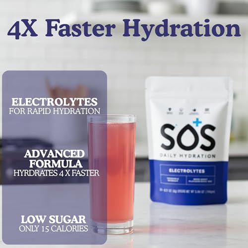 SOS Hydration mixed berry in a glass of water for refreshing hydration.