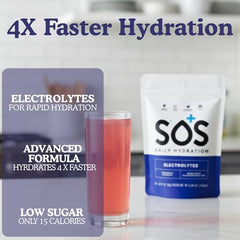 SOS Hydration mixed berry in a glass of water for refreshing hydration.