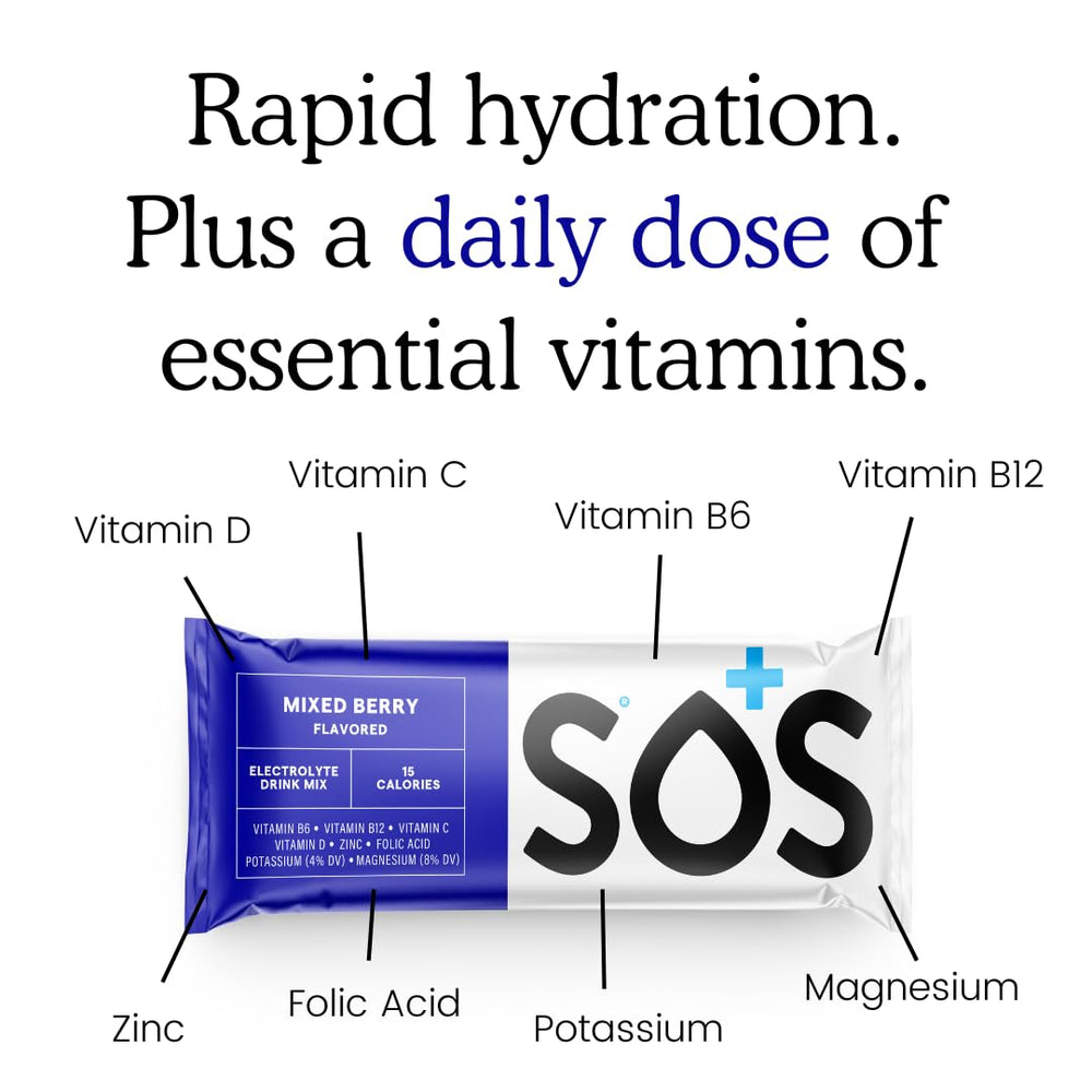 Ingredient list highlighting electrolytes and low-sugar formula.