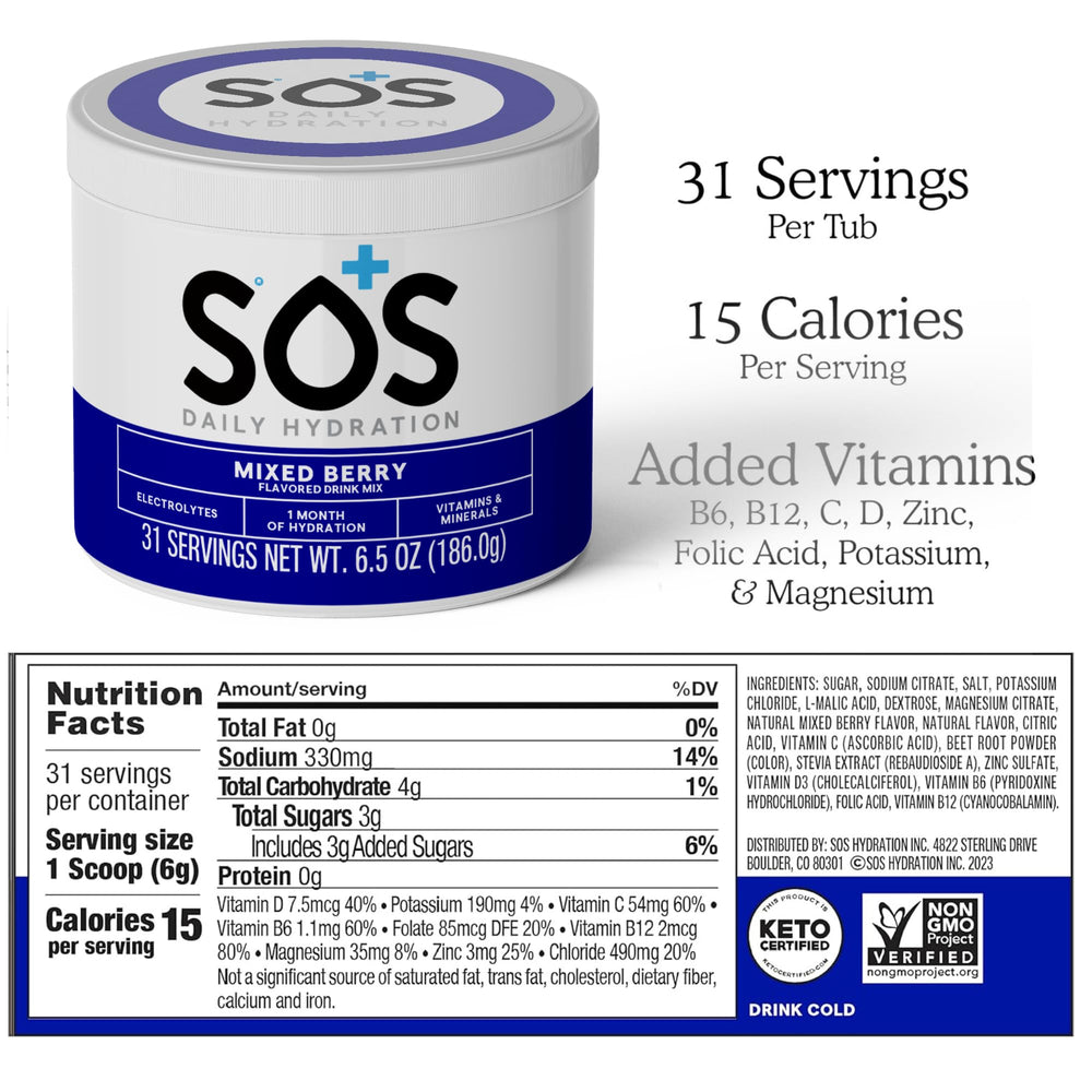 Made in the USA SOS Hydration low sugar for clean daily hydration.
