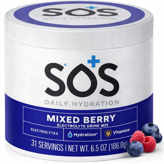 SOS Hydration mixed berry packet ready for quick electrolyte replenishment on the go.