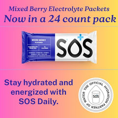 SOS Hydration mixed berry sachets package close-up showing convenient stick packets.