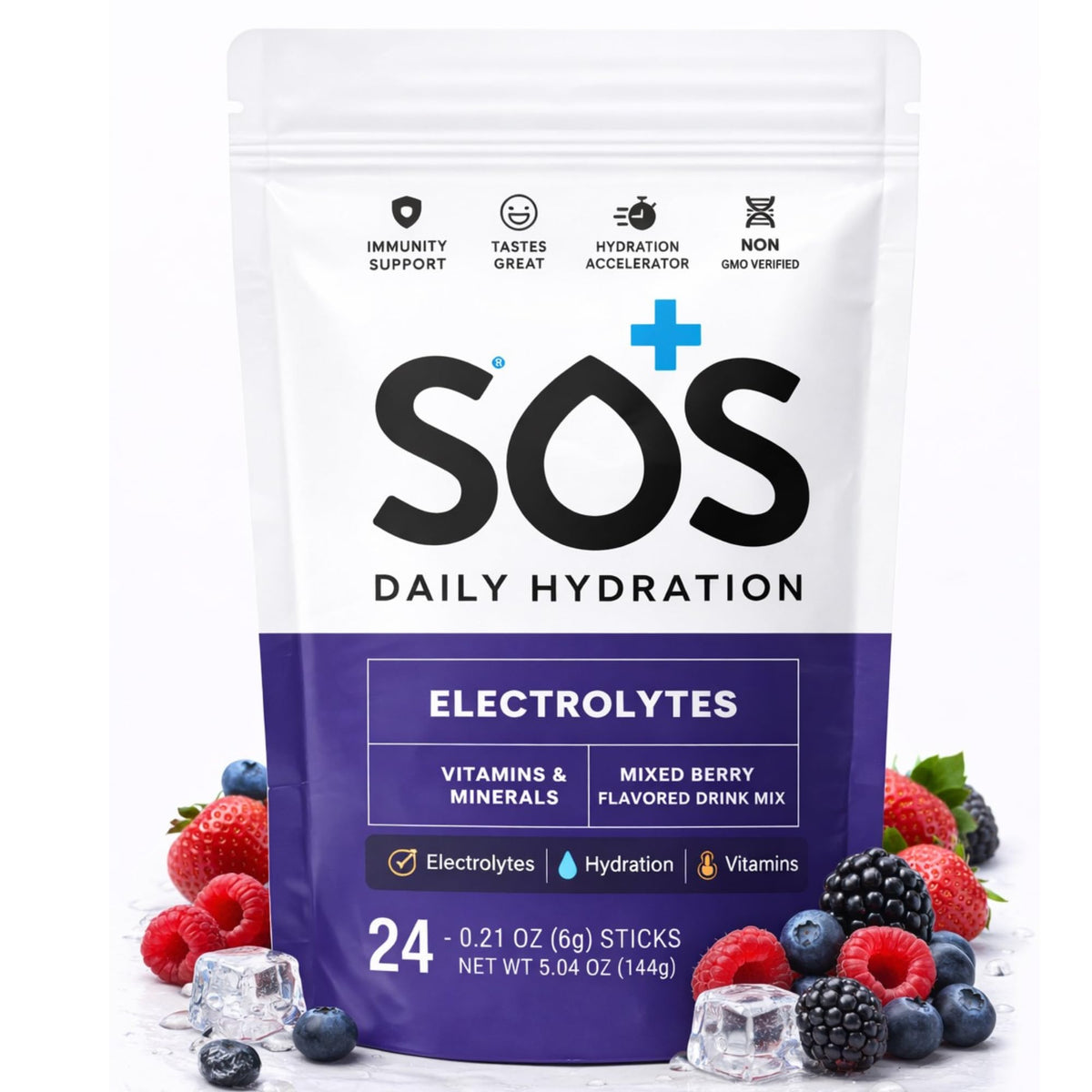 SOS Hydration mixed berry sachets pack for on-the-go hydration.