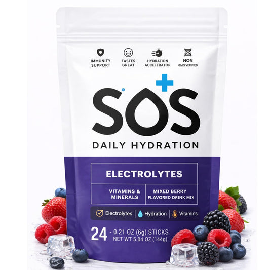SOS Hydration mixed berry sachets pack for on-the-go hydration.