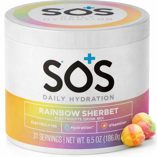 SOS Rainbow Sherbet hydration powder label for quick hydration.