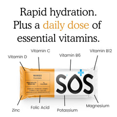 SOS Hydration mango stick packaging made in the USA.