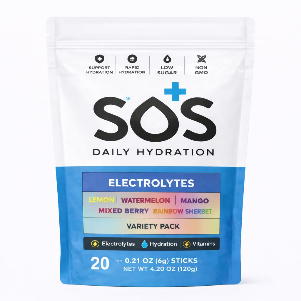 SOS Hydration stick packet closeup showing clean, low-sugar hydration on the go.
