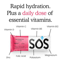 SOS Hydration Watermelon powder being poured into a water bottle for mixing.