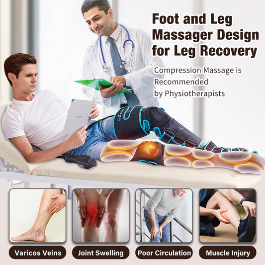 Sotion leg massager demonstrates sequential compression to improve circulation.