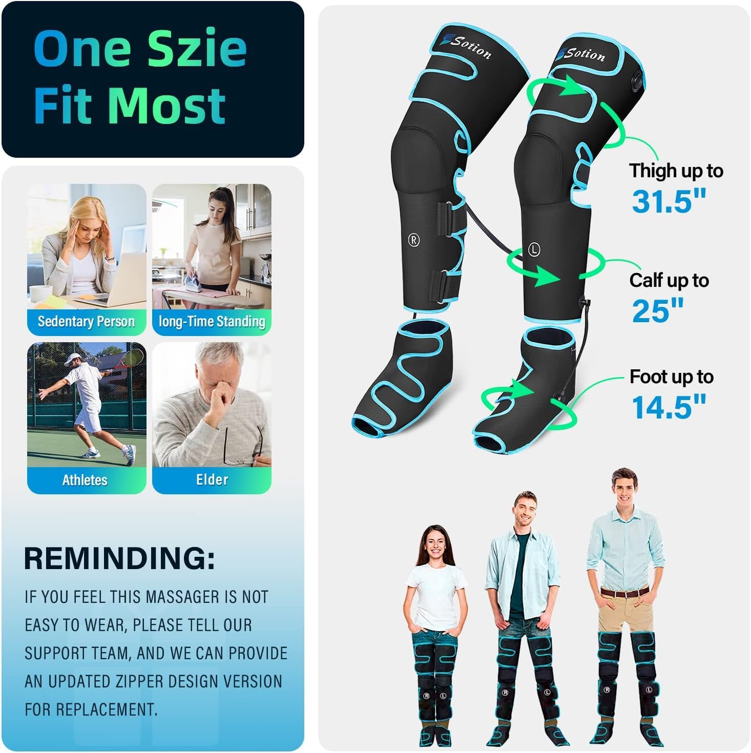 Velcro-adjustable leg wraps on Sotion massager for snug fit