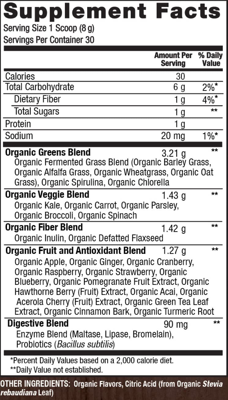 Gluten-free and dairy-free PlantFusion Fruitful Greens for mindful living.