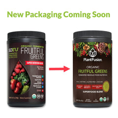 SOTRU Fruitful Greens scoop beside a shake cup for quick nutrient boost.