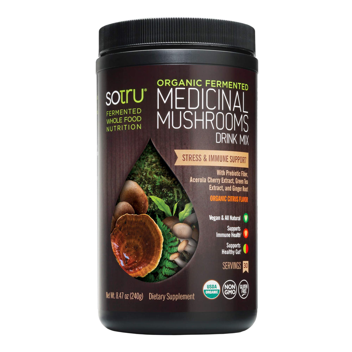 SOTRU organic mushroom powder bottle with citrus flavor hints supports daily wellness.