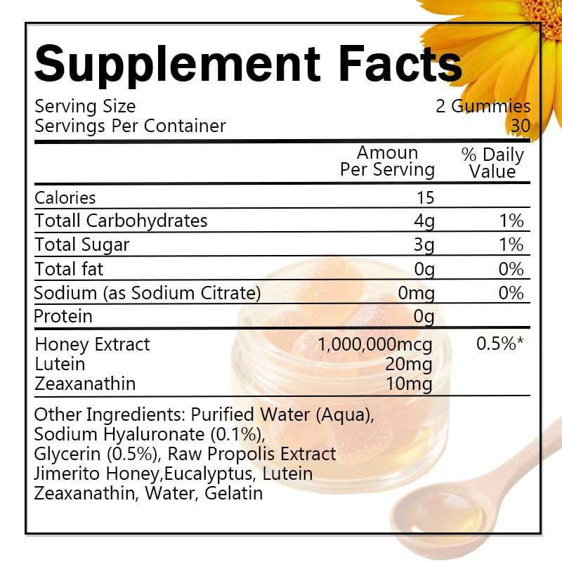 SOULRAZY Jimerito Honey Lutein Gummies back label detailing ingredients