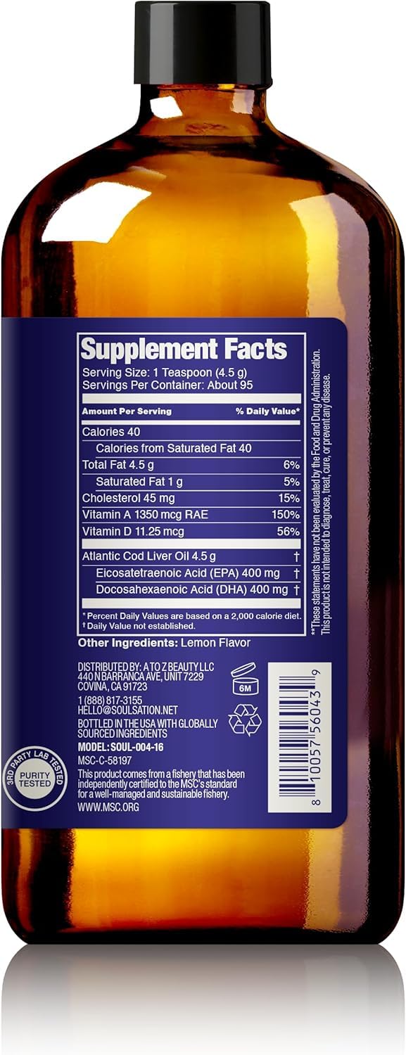 SOULSATION lemon-flavored cod liver oil bottle ideal for smooth daily supplementation