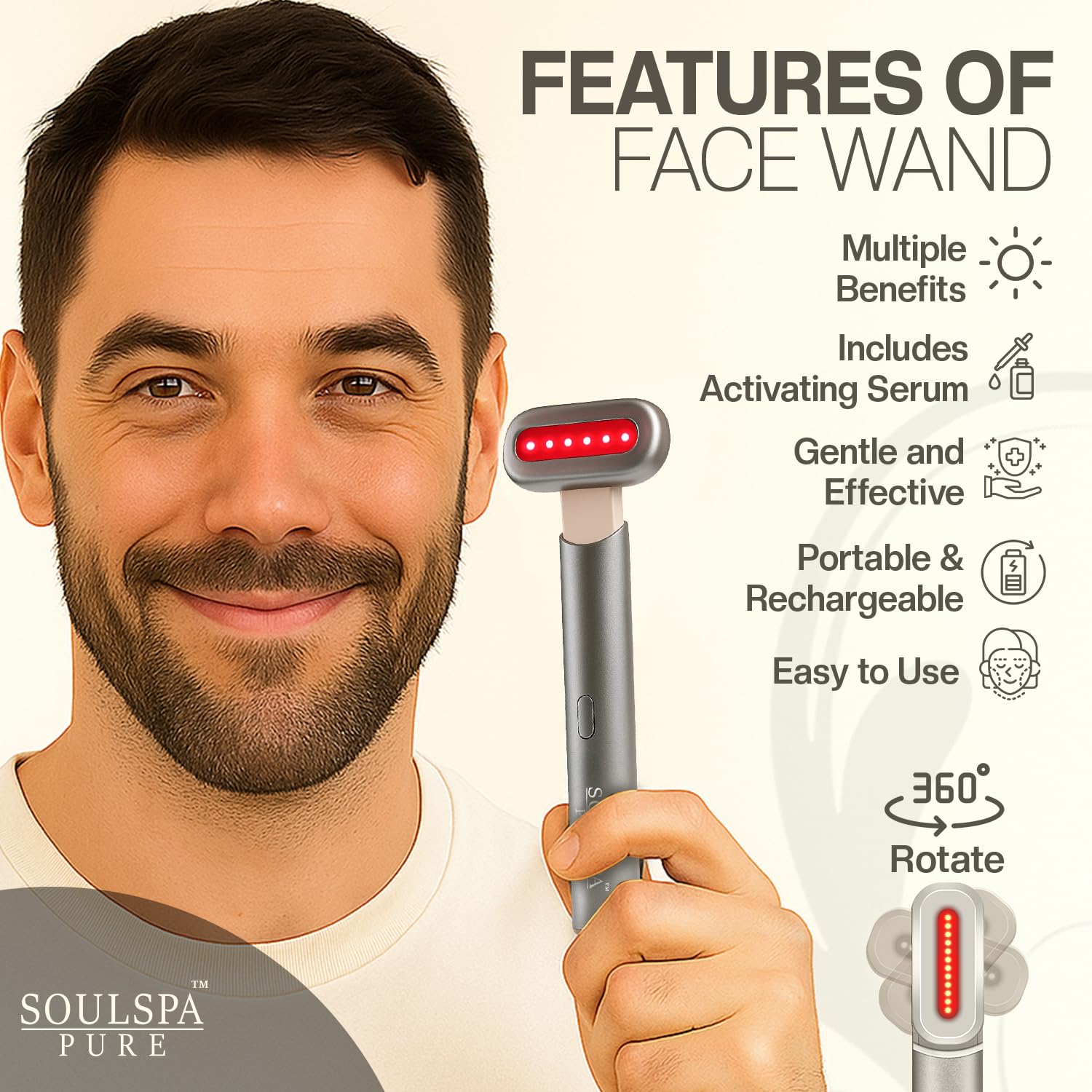 SOULSPA PURE wand in use on the face for targeted, gentle massage.