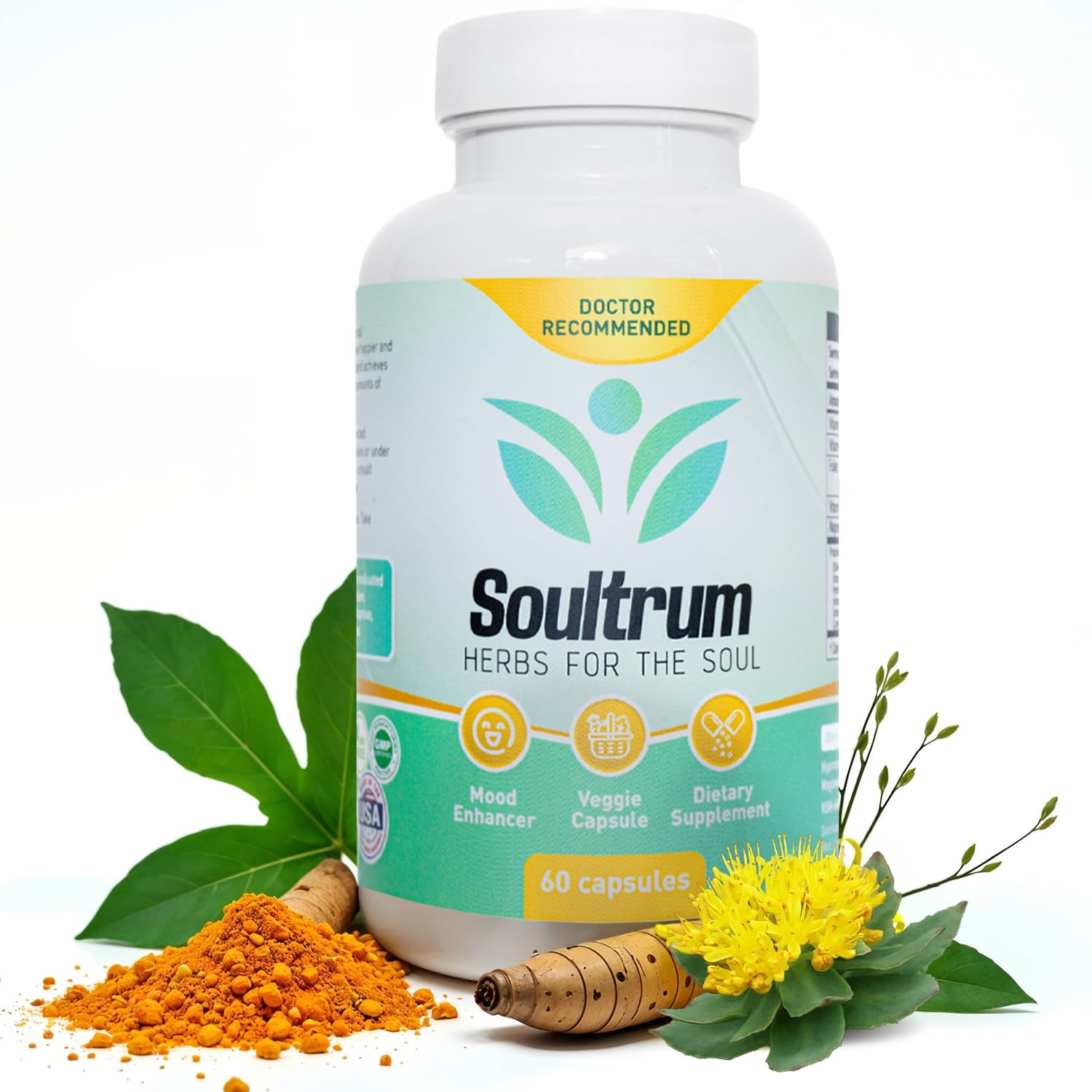 Soultrum Mood Support bottle front promoting daily calm and balanced mood.