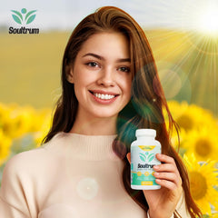Soultrum Mood Support label close-up highlighting saffron and omega-3 benefits.