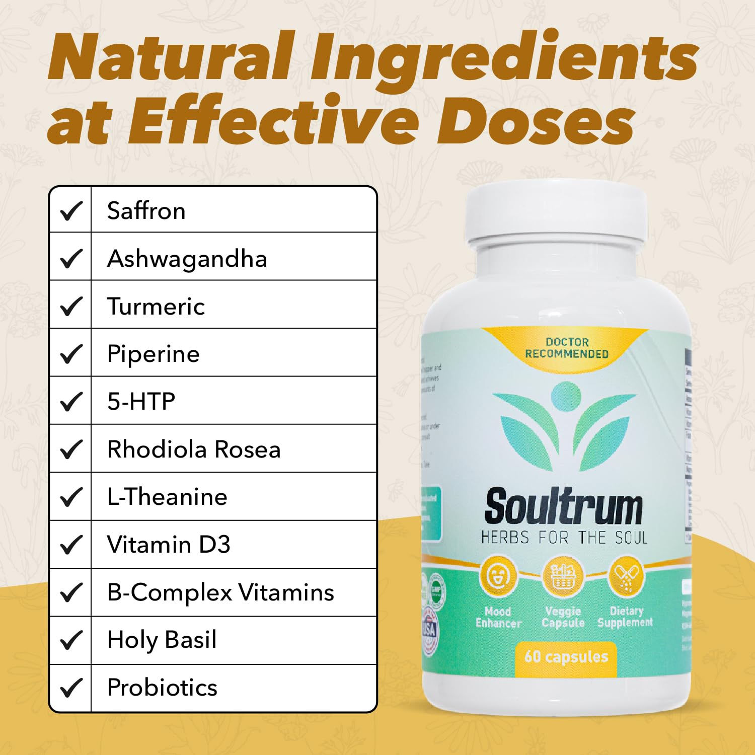 Soultrum Mood Support packaging on a kitchen counter for daily use.