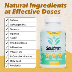 Soultrum Mood Support packaging on a kitchen counter for daily use.