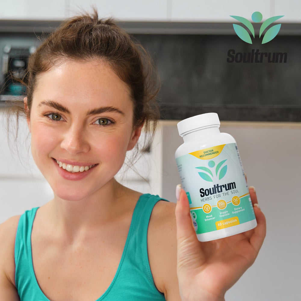 Soultrum Mood Support user at desk experiencing focused mood day.