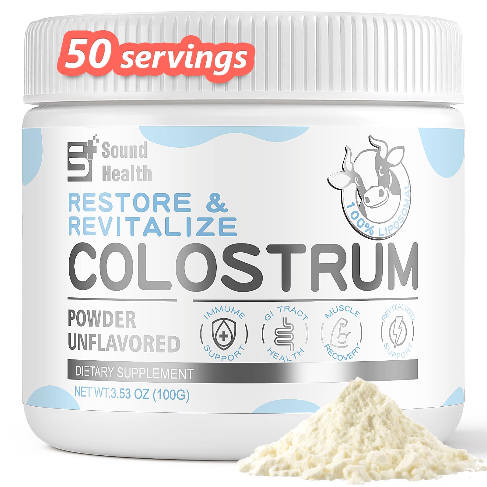 Sound Health Colostrum Powder jar label showcasing organic, grass-fed formula for daily wellness.