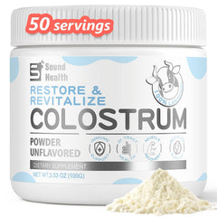 Sound Health Colostrum Powder jar label showcasing organic, grass-fed formula for daily wellness.