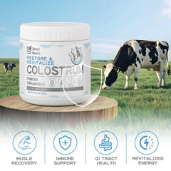 Sound Health Colostrum Powder being poured into a glass for beverage mixing.