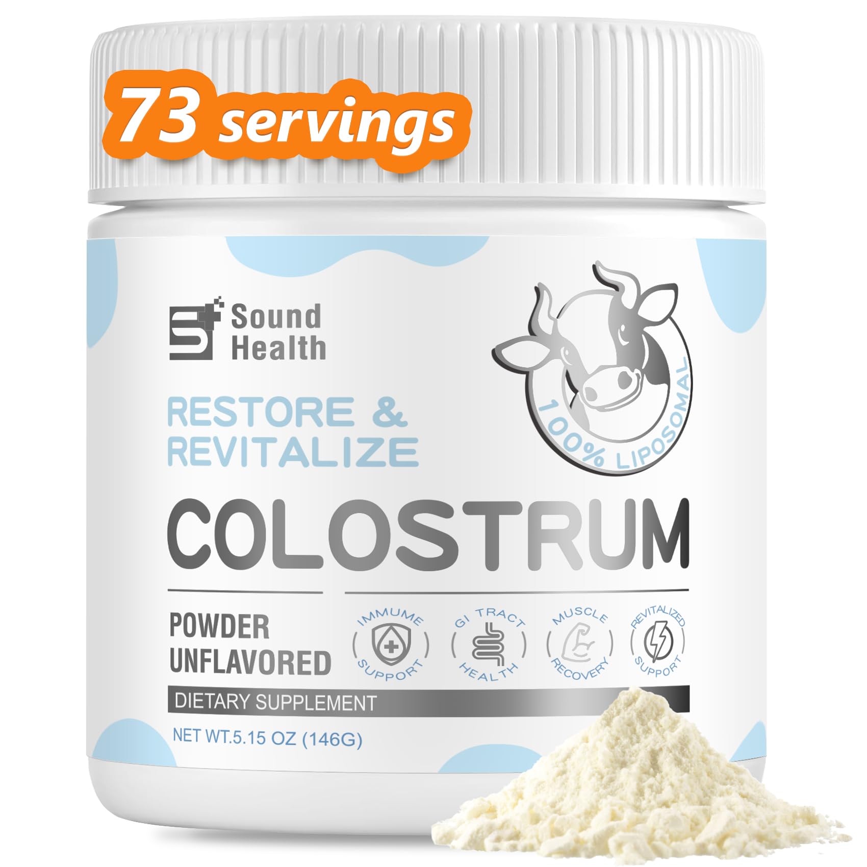 Sound Health Colostrum powder tub shown, a premium unflavored daily supplement for gut support