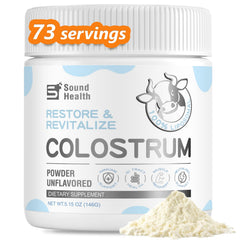 Sound Health Colostrum powder tub shown, a premium unflavored daily supplement for gut support