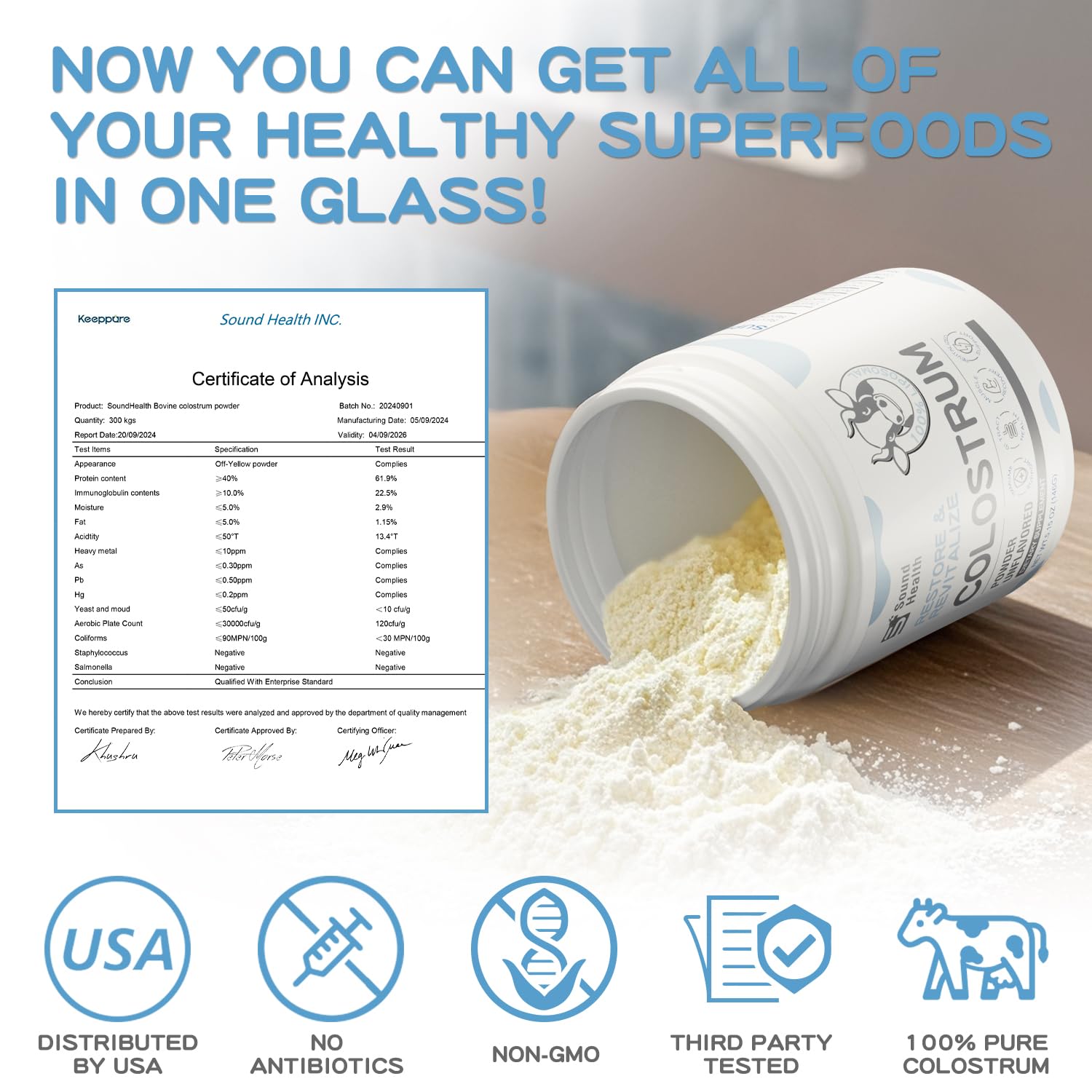 SoundHealth Colostrum powder bottle close-up with clean label and quality focus.