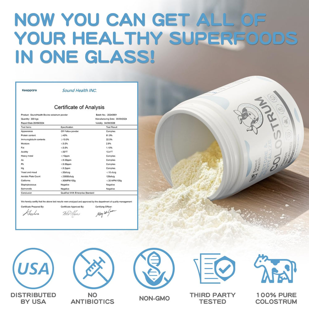 SoundHealth Colostrum powder bottle close-up with clean label and quality focus.