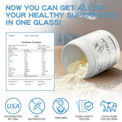 SoundHealth Colostrum powder bottle close-up with clean label and quality focus.
