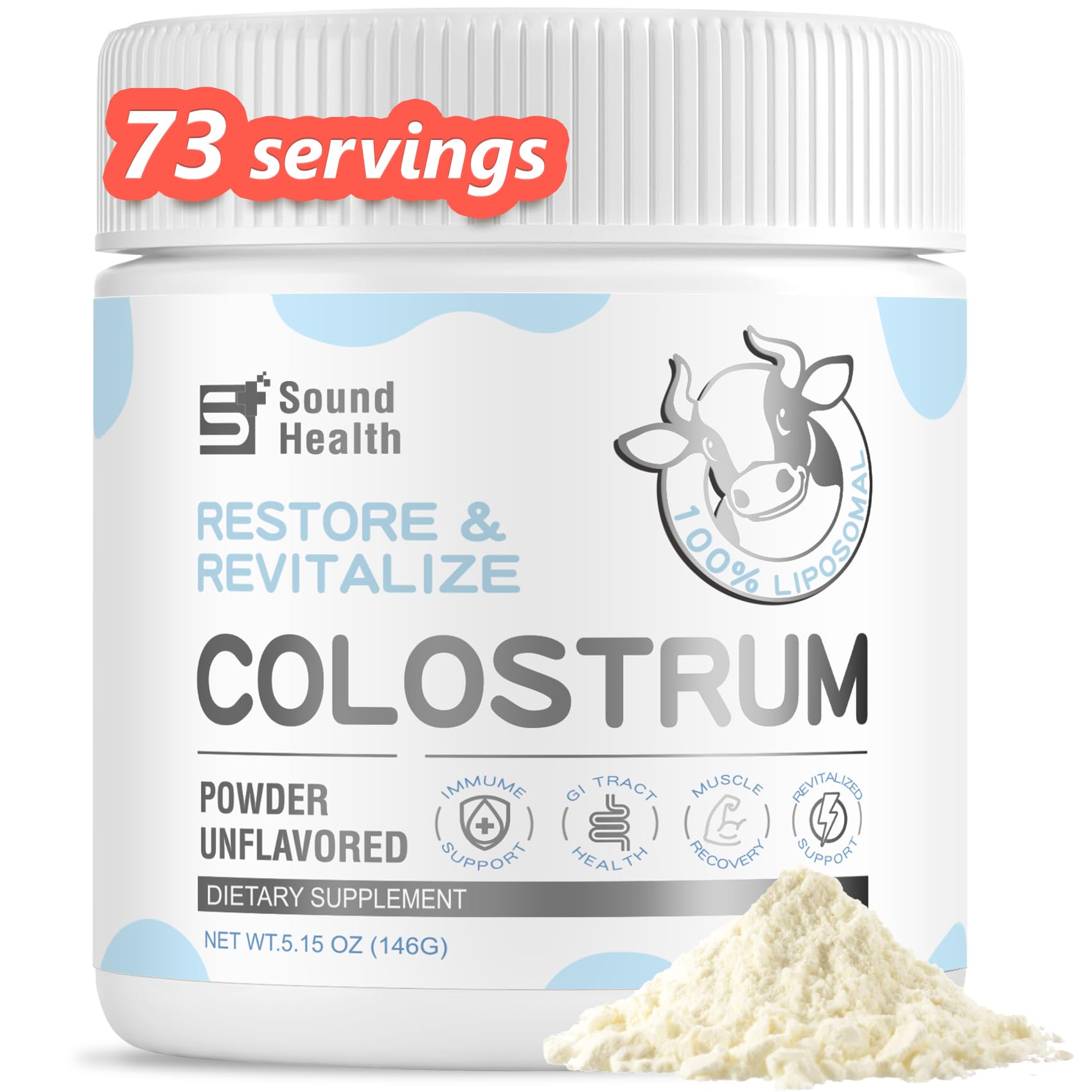 SoundHealth Colostrum powder in a jar highlighting daily gut support and clean ingredients.