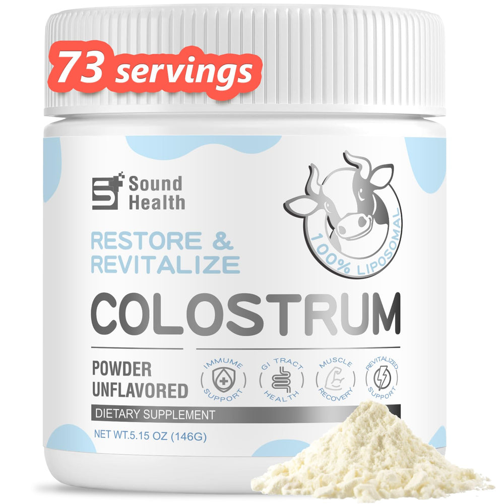 SoundHealth Colostrum powder in a jar highlighting daily gut support and clean ingredients.