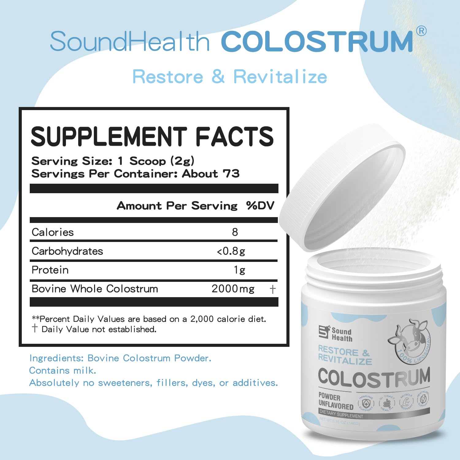 SoundHealth Colostrum powder mixed in water showing easy blending and neutral taste.
