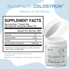 SoundHealth Colostrum powder mixed in water showing easy blending and neutral taste.