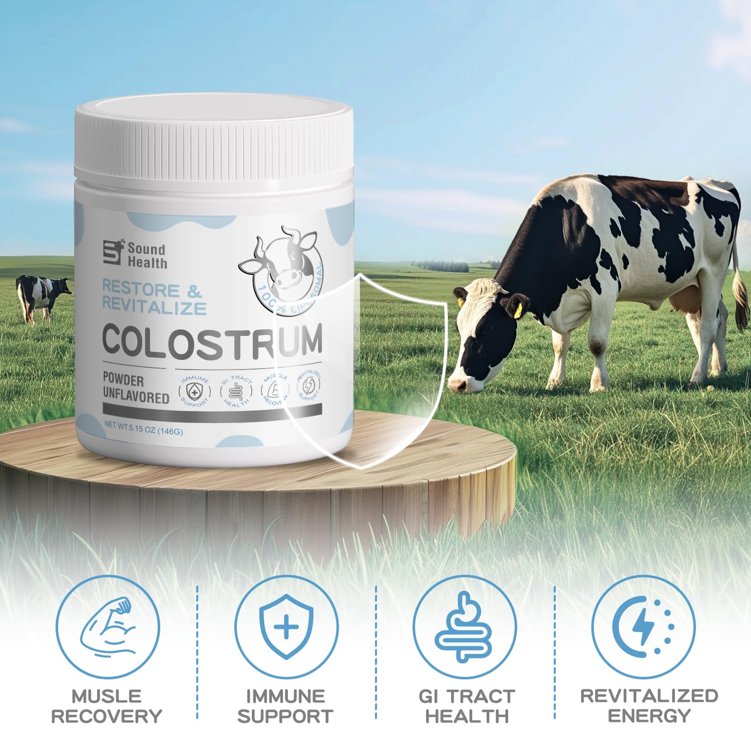 SoundHealth Colostrum powder scoop emphasizing convenient 2 g serving size.