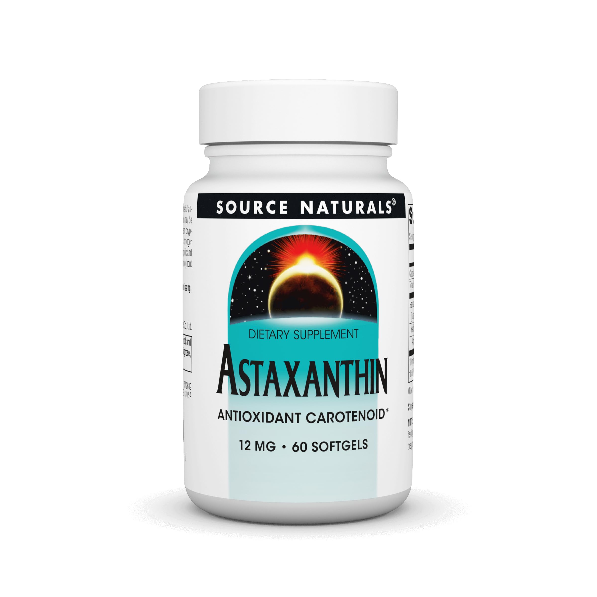 Source Naturals Astaxanthin bottle front showing 60 capsules for daily antioxidant support.