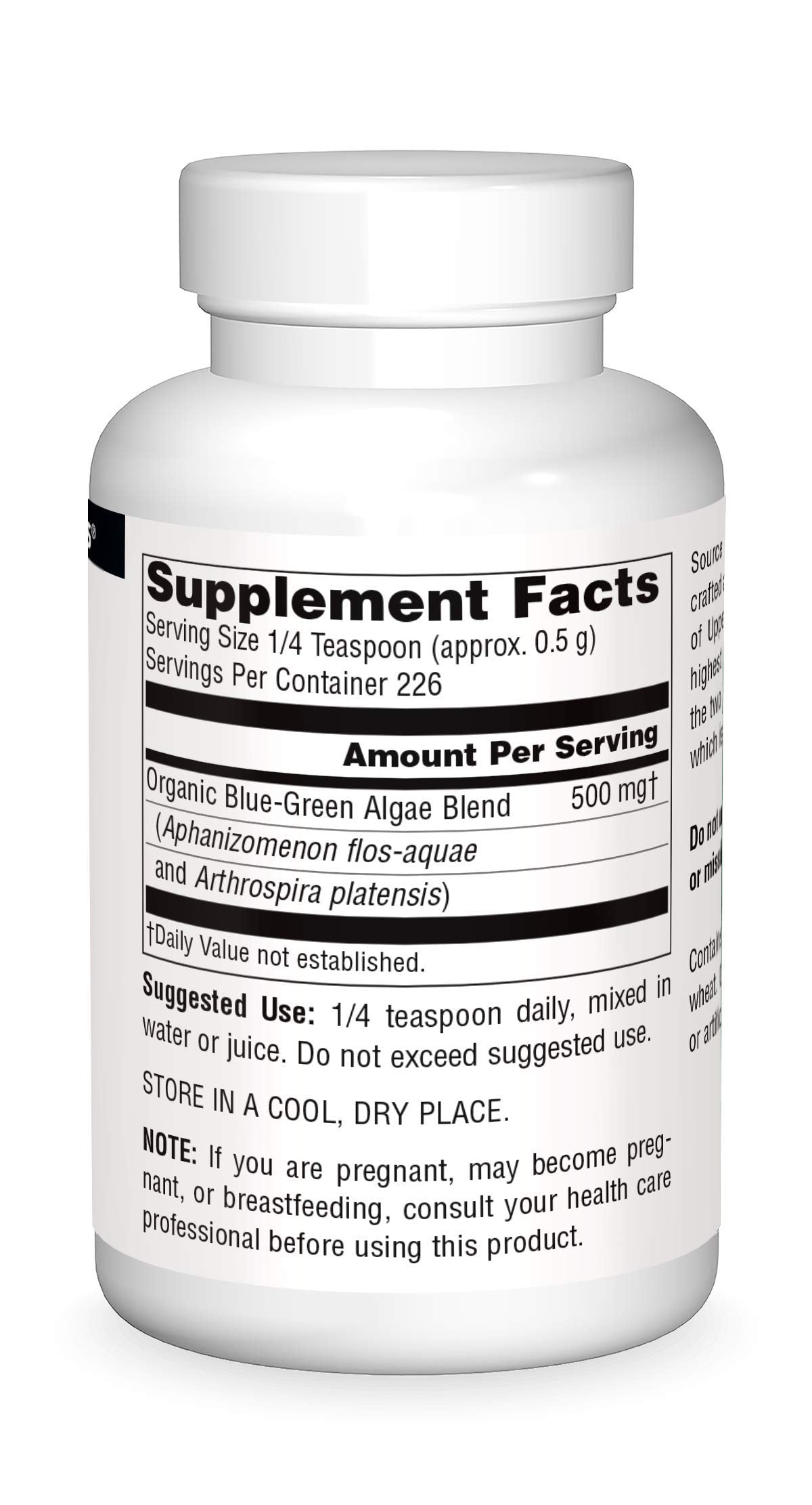 Source Naturals Blue-Green Algae jar label signals quality for smoothies.