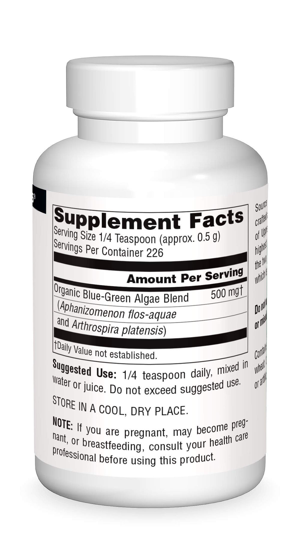 Source Naturals Blue-Green Algae jar label signals quality for smoothies.