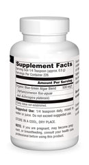 Source Naturals Blue-Green Algae jar label signals quality for smoothies.
