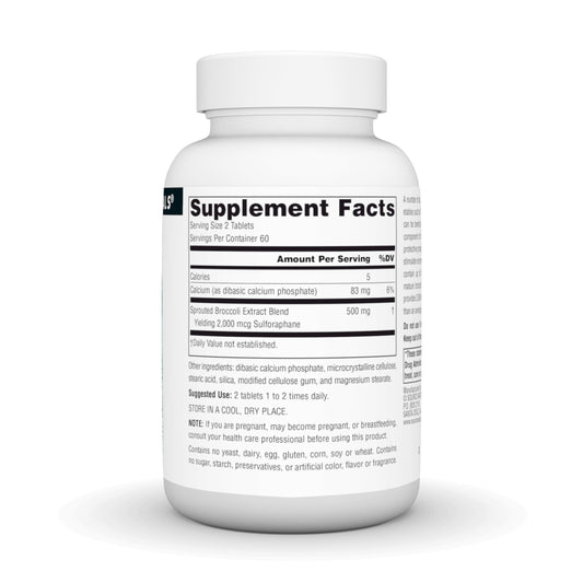 Source Naturals broccoli sprouts extract tablets close-up highlighting high sulforaphane content.