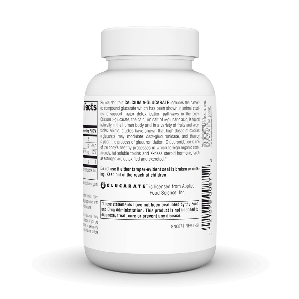 Source Naturals Calcium D-Glucarate label details servings and ingredients.