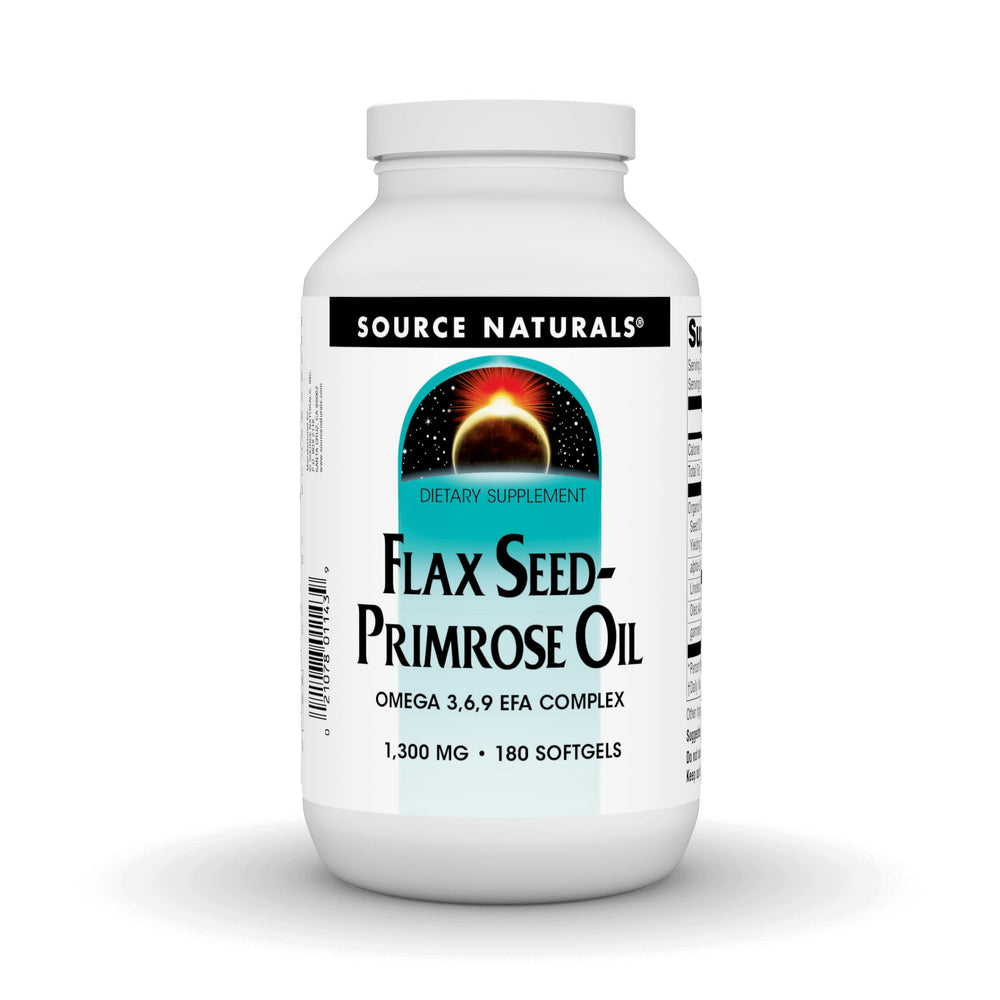 Source Naturals flax seed-primrose oil bottle supports daily omega balance.