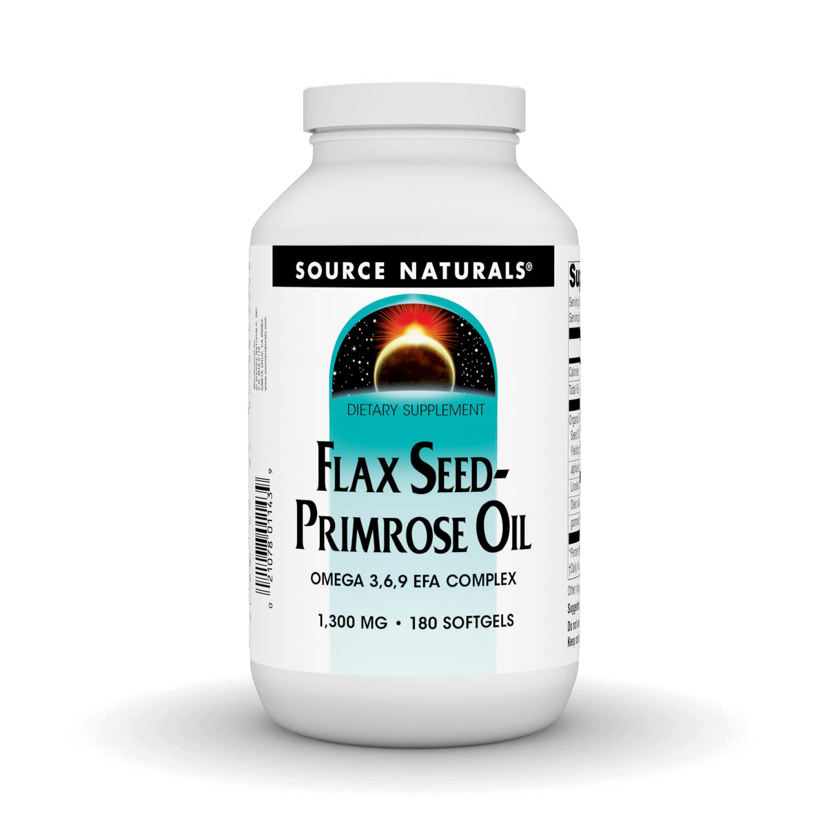 Source Naturals flax seed-primrose oil bottle supports daily omega balance.