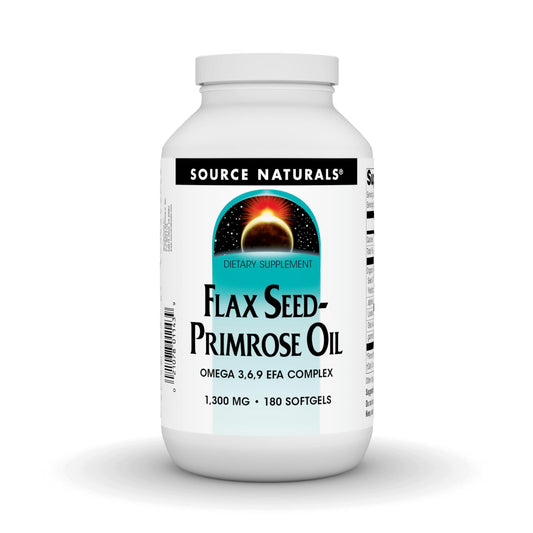 Source Naturals flax seed-primrose oil bottle supports daily omega balance.